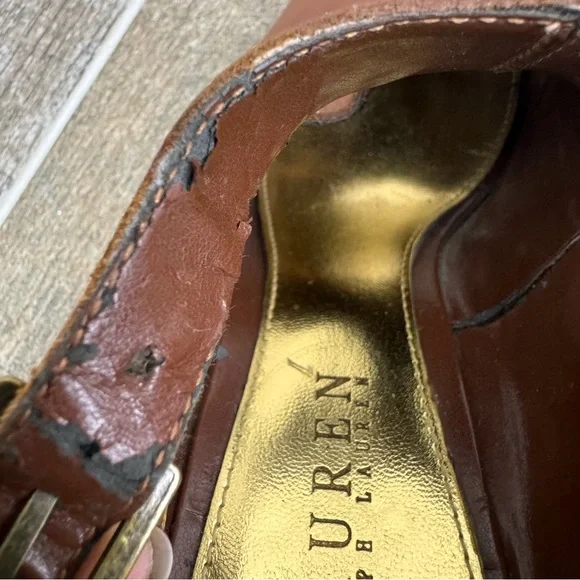 Ralph Lauren Hannie Brown T Strap‎ Peep Toe Wedge Sandals Leather Sz 8.5 - Picture 9 of 16